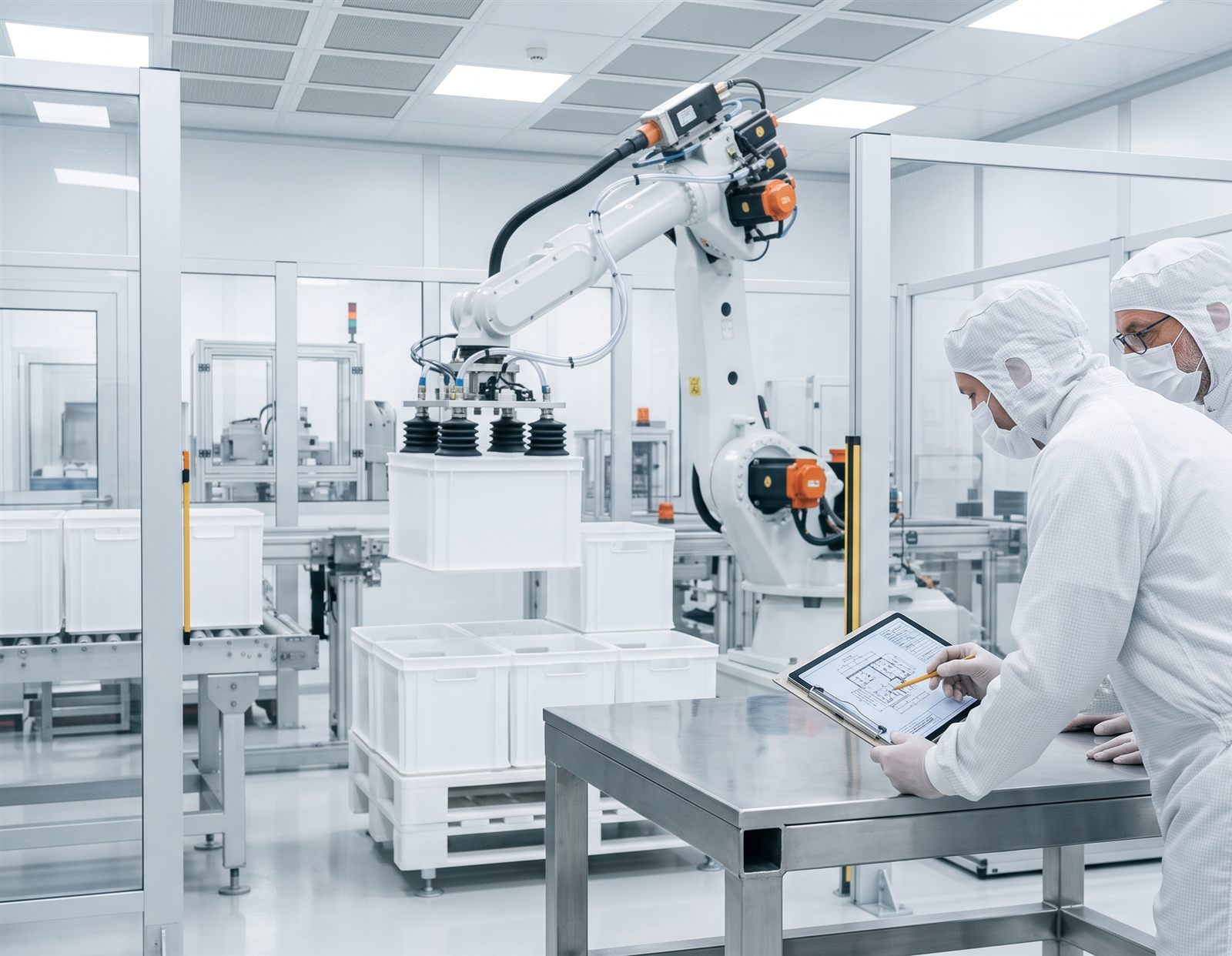 Twee technici bespreken een tekening bij een robotcel in een cleanroom