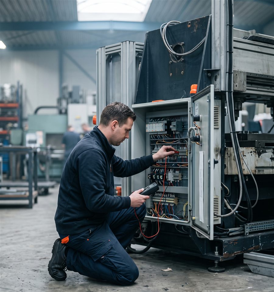 Monteur meet met een multimeter aan de schakelkast van een productiemachine